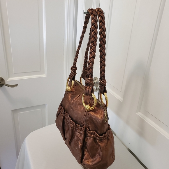 B. Makowsky Copper Metallic Pebble Grain Leather Shoulder Bag Goldtone Hardware - Picture 3 of 12